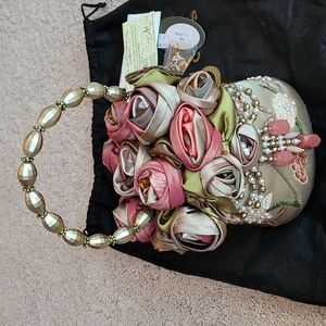 Mary Frances Beaded Bucket Bag: "Glamour Girl" Satin w/Layered Satin Rosette